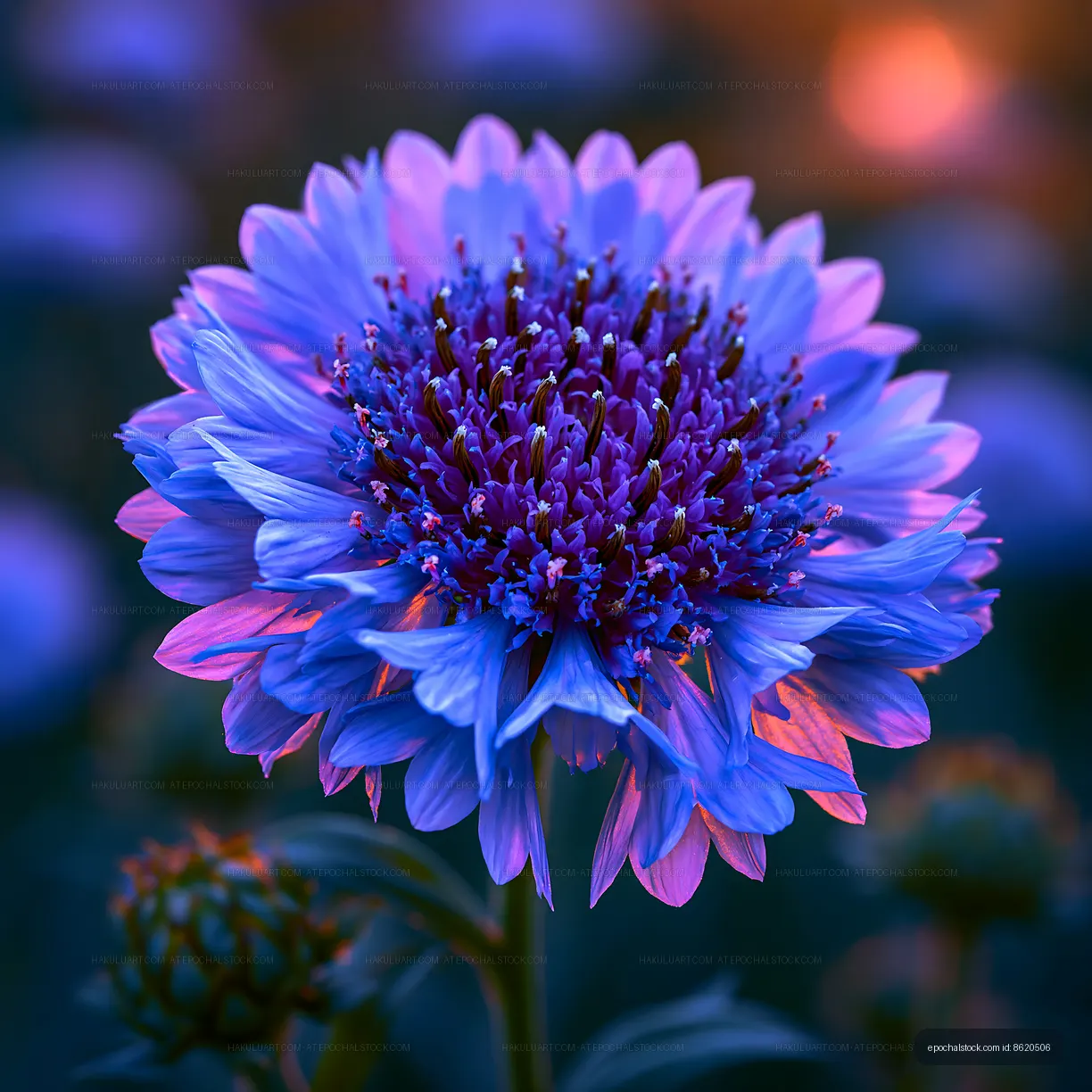 Purple flower blooming in a garden at sunset