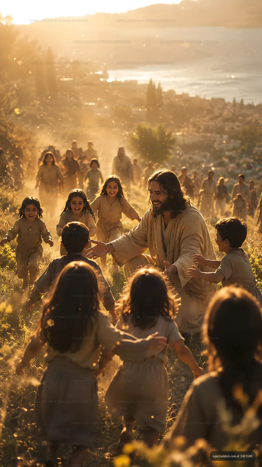 Jesus interacting with children in a sunlit landscape