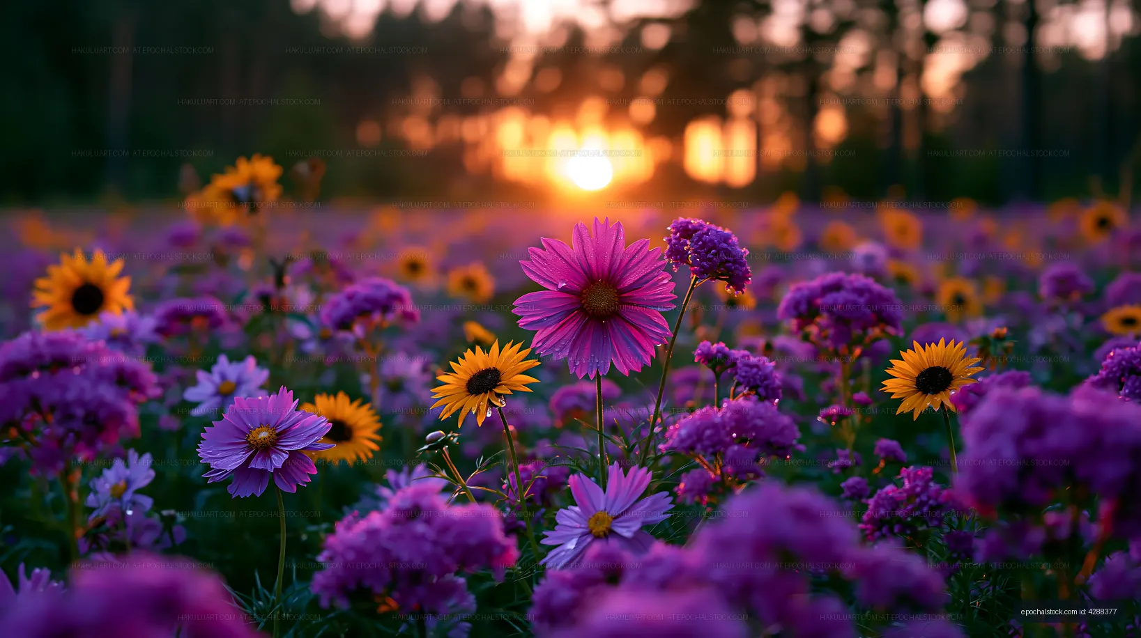 Colorful wildflowers in bloom at sunset in a field