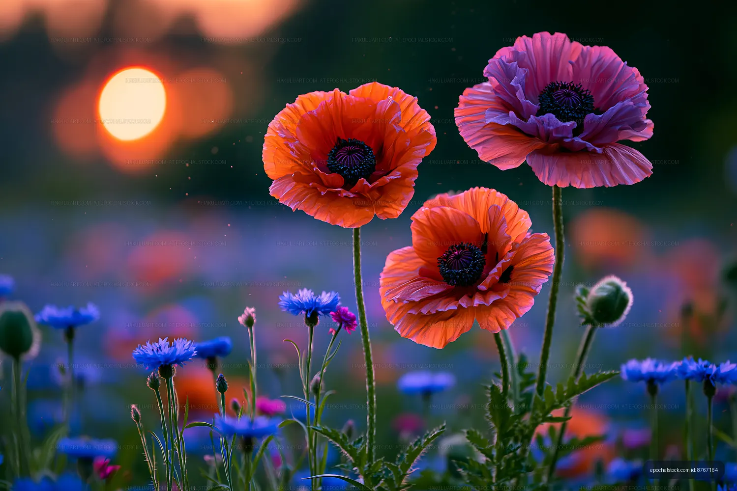Bright flowers bloom at sunset in a colorful field