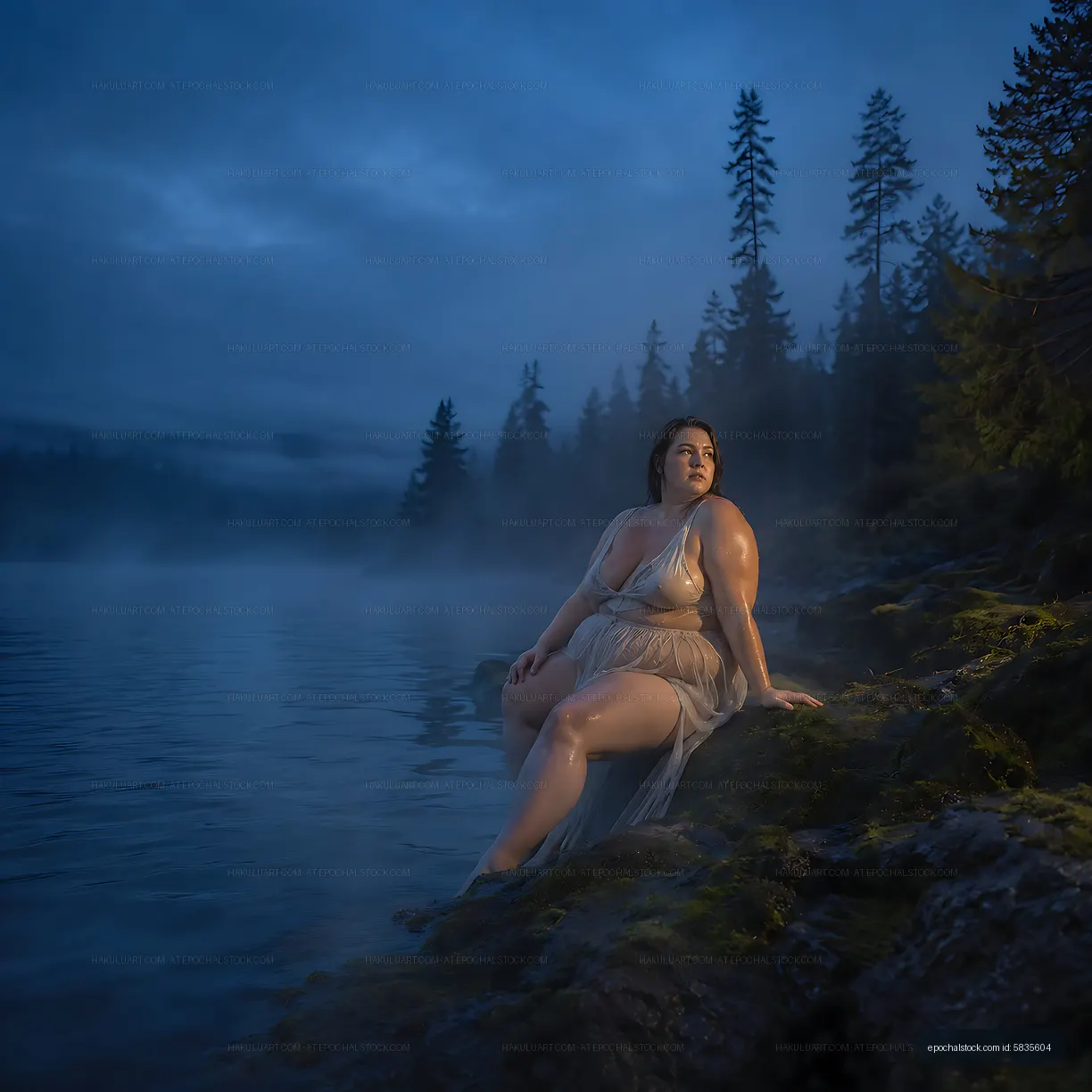 Woman sitting by lake at dusk with mist and trees in background