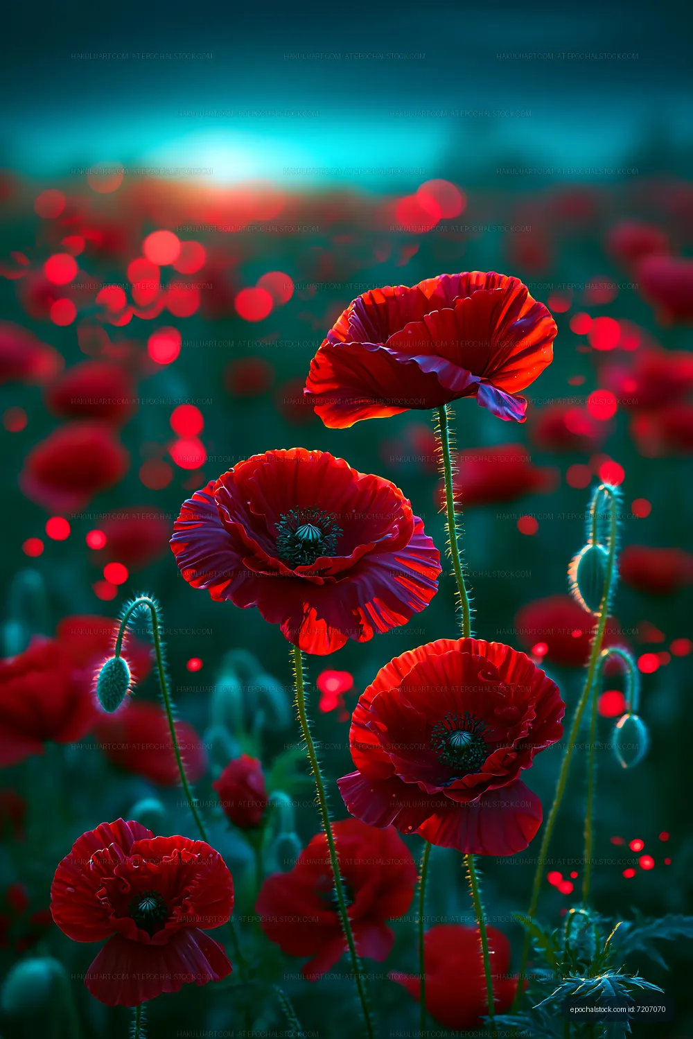 Red poppies blooming in a field during sunset