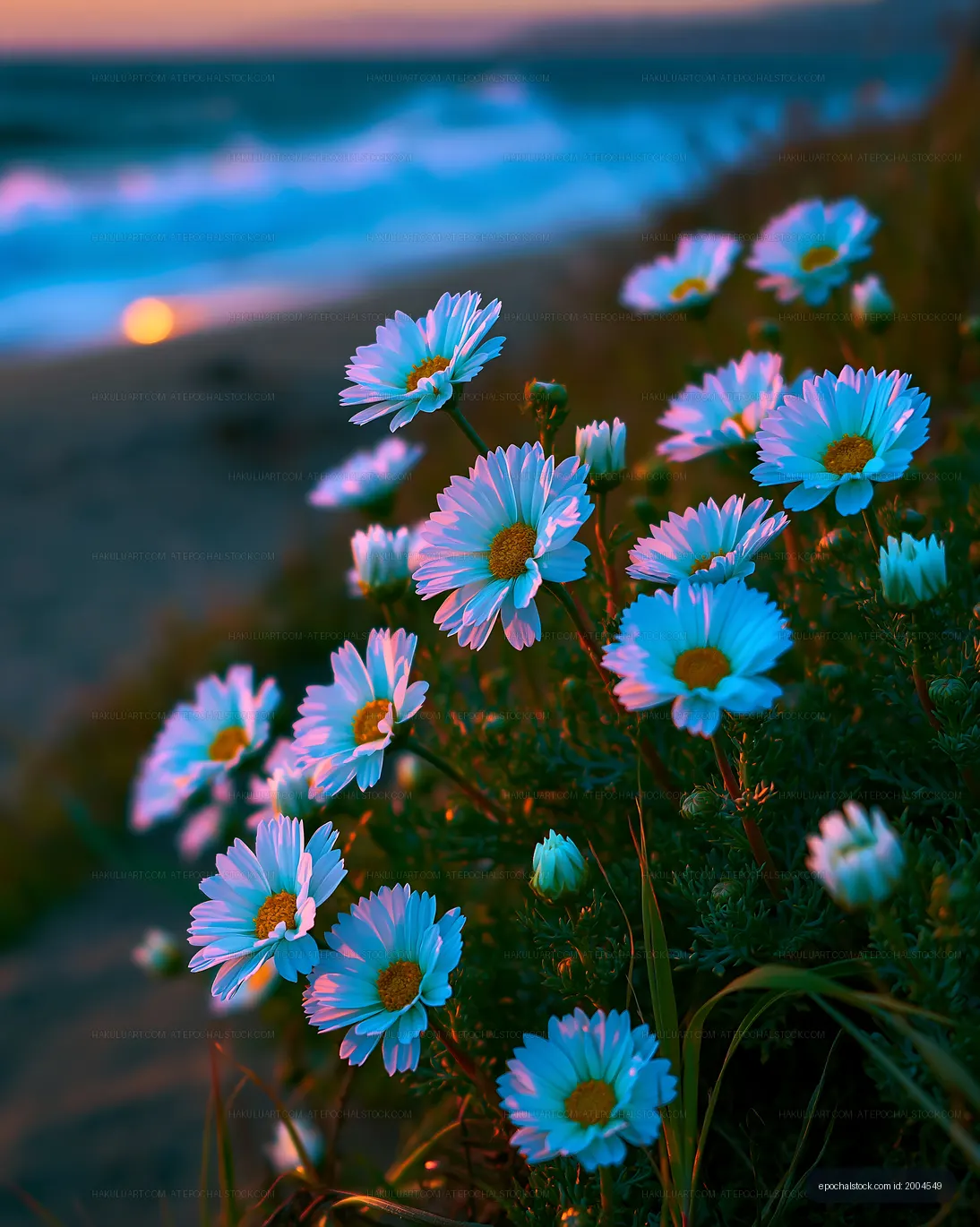 Daisies blooming by the beach at sunset