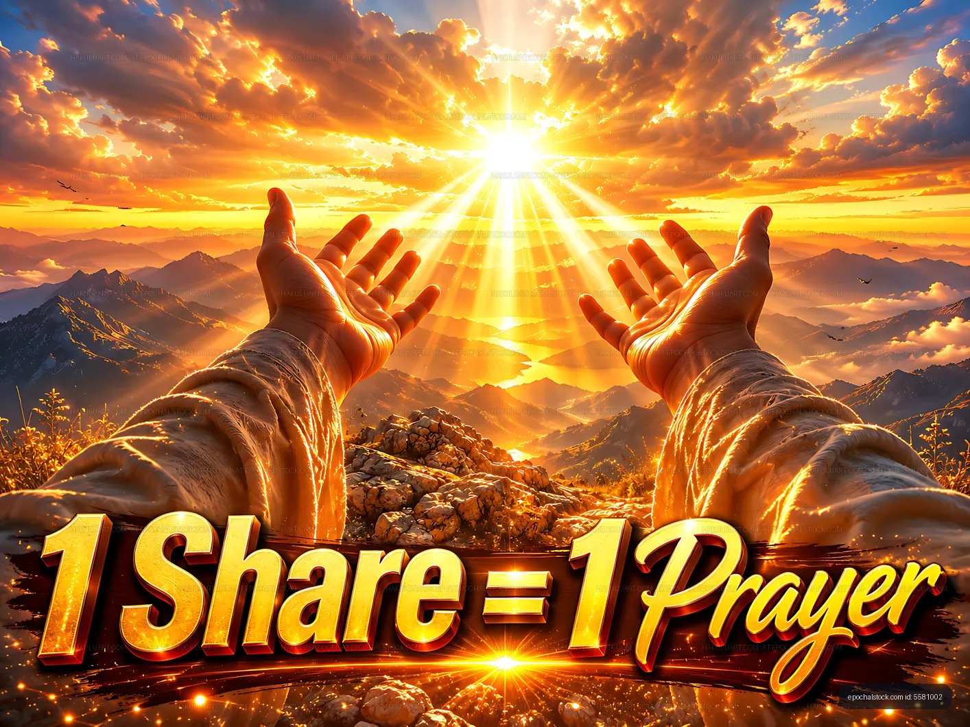 Sunrise over mountains with hands raised in prayer