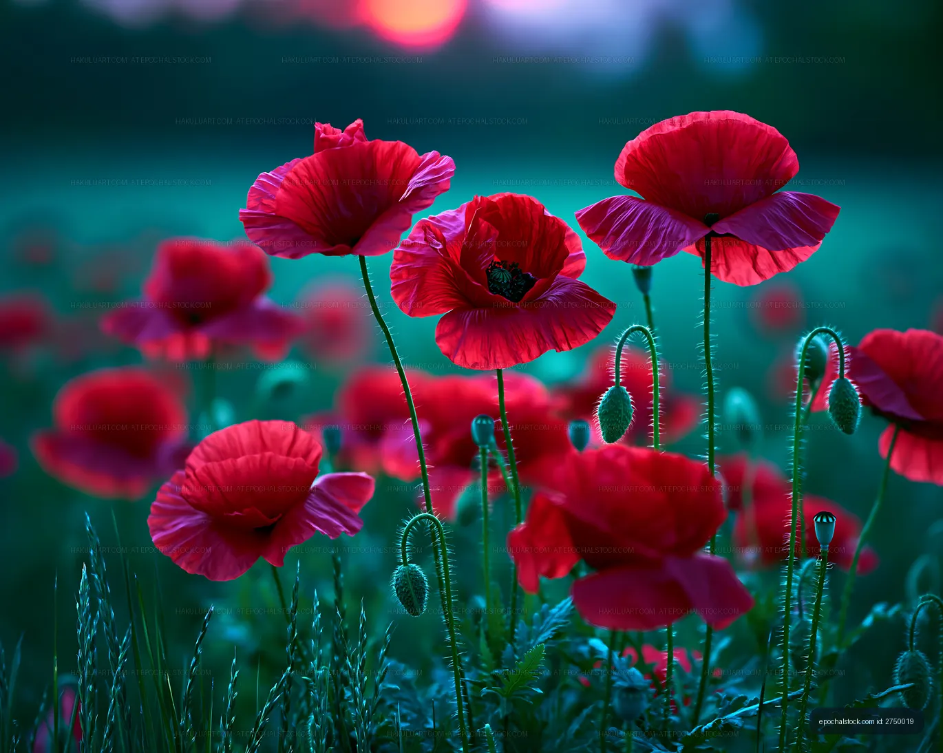 Red poppy flowers bloom at sunset in a natural field