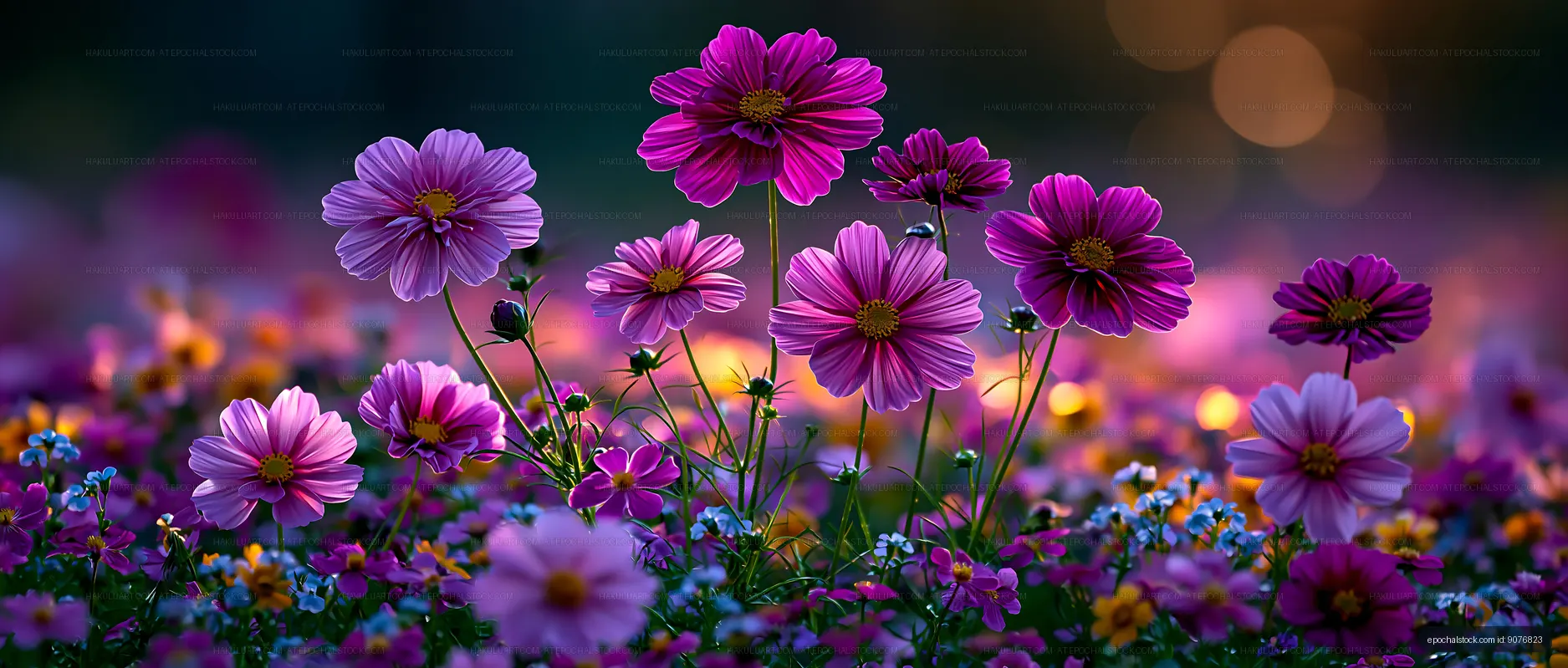 Colorful flowers bloom in a garden during late afternoon light