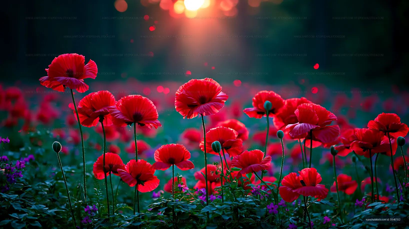 Red poppies bloom in a field at sunset
