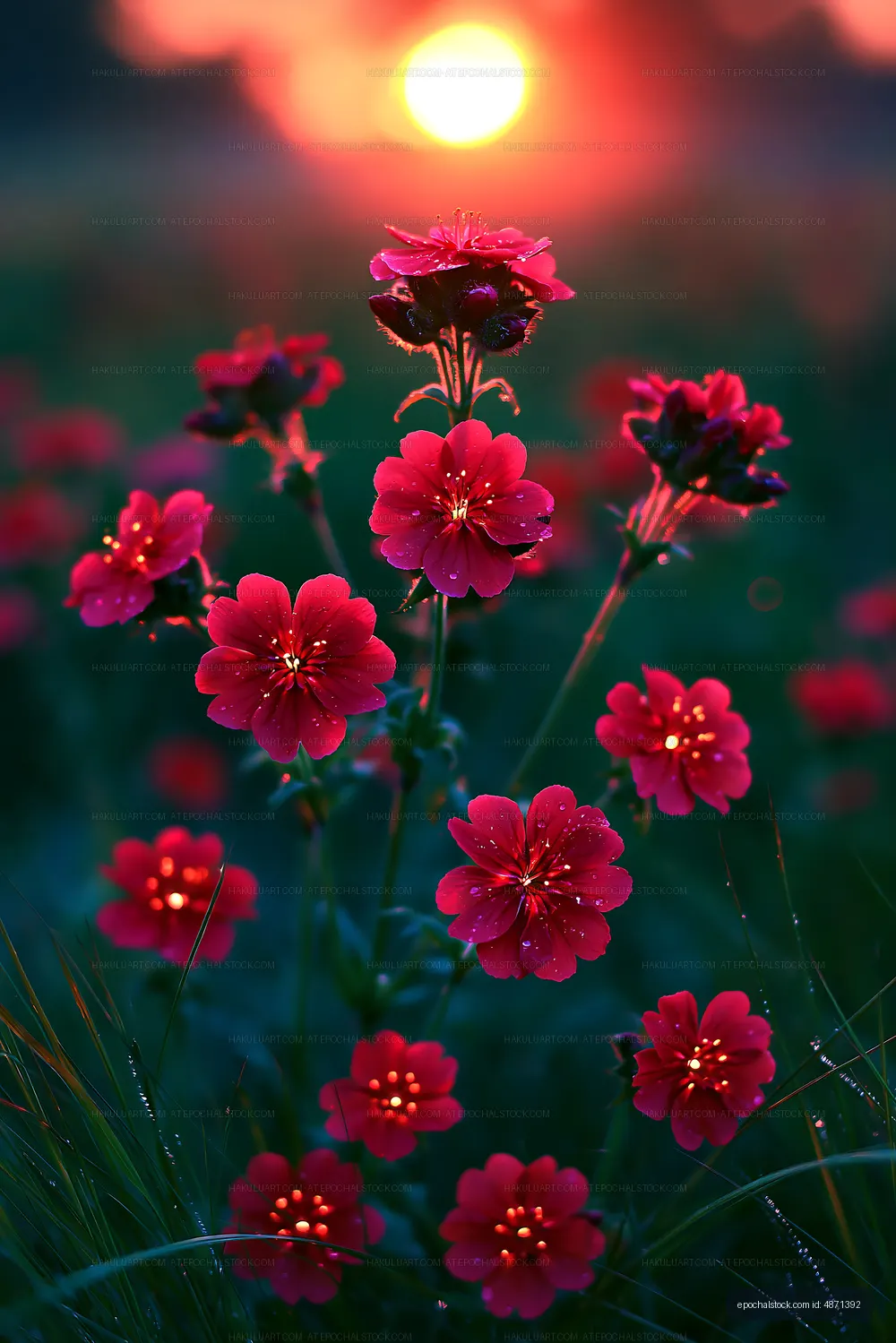 Colorful flowers in a field during sunset