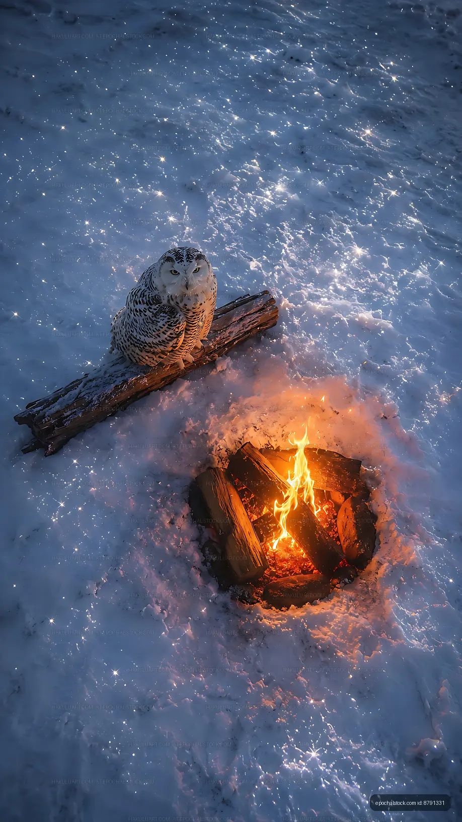 Snowy owl sitting near a campfire on a winter night