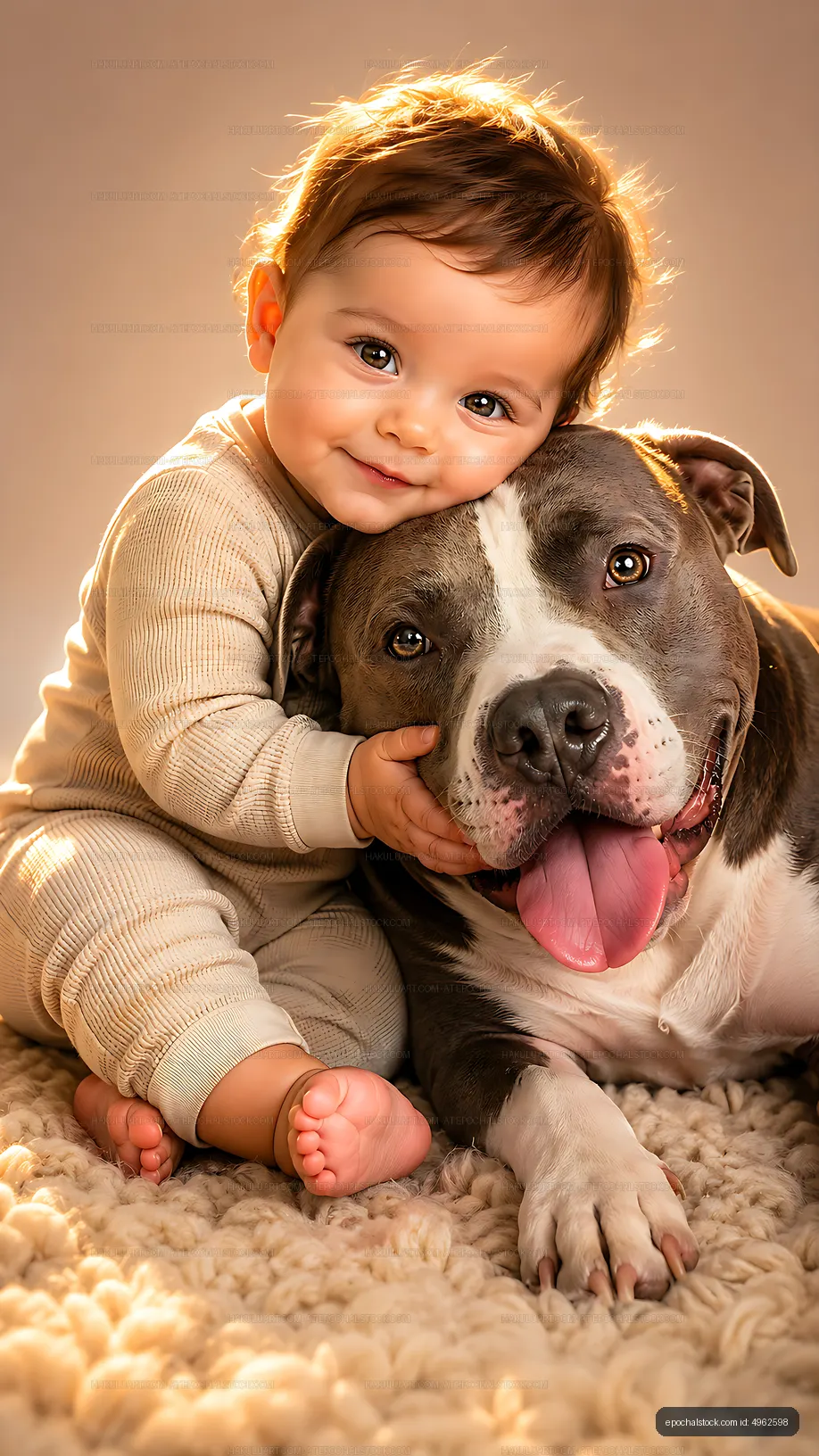 Toddler hugs a dog while smiling on a soft blanket