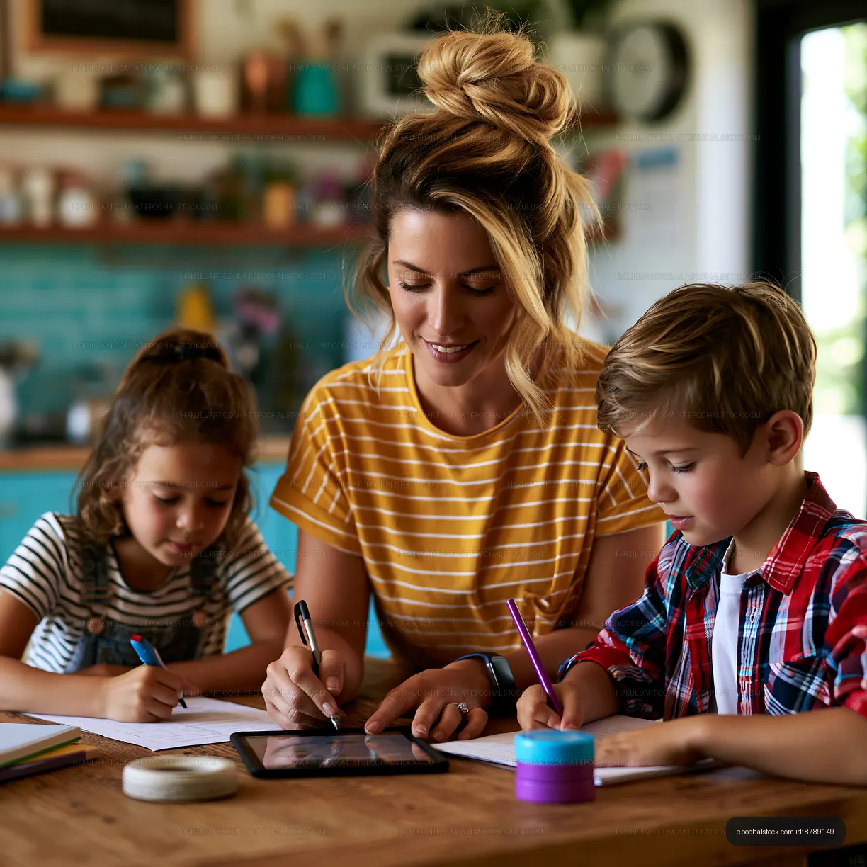 Family spends time together while drawing and using a tablet