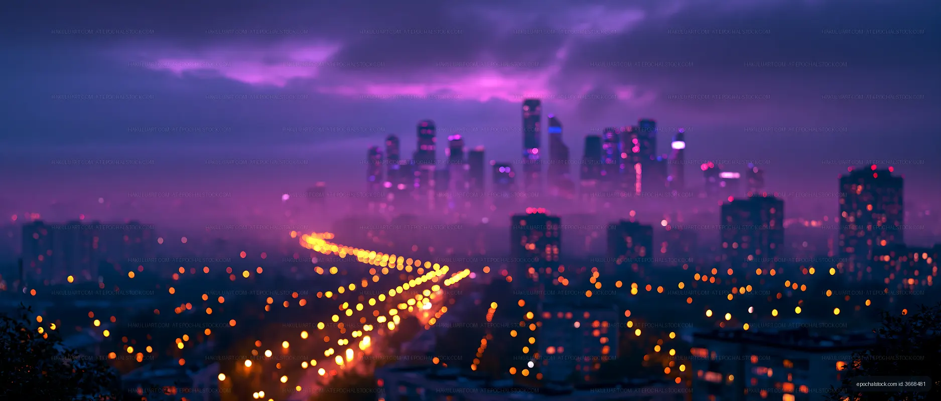 City skyline at dusk with lights and clouds