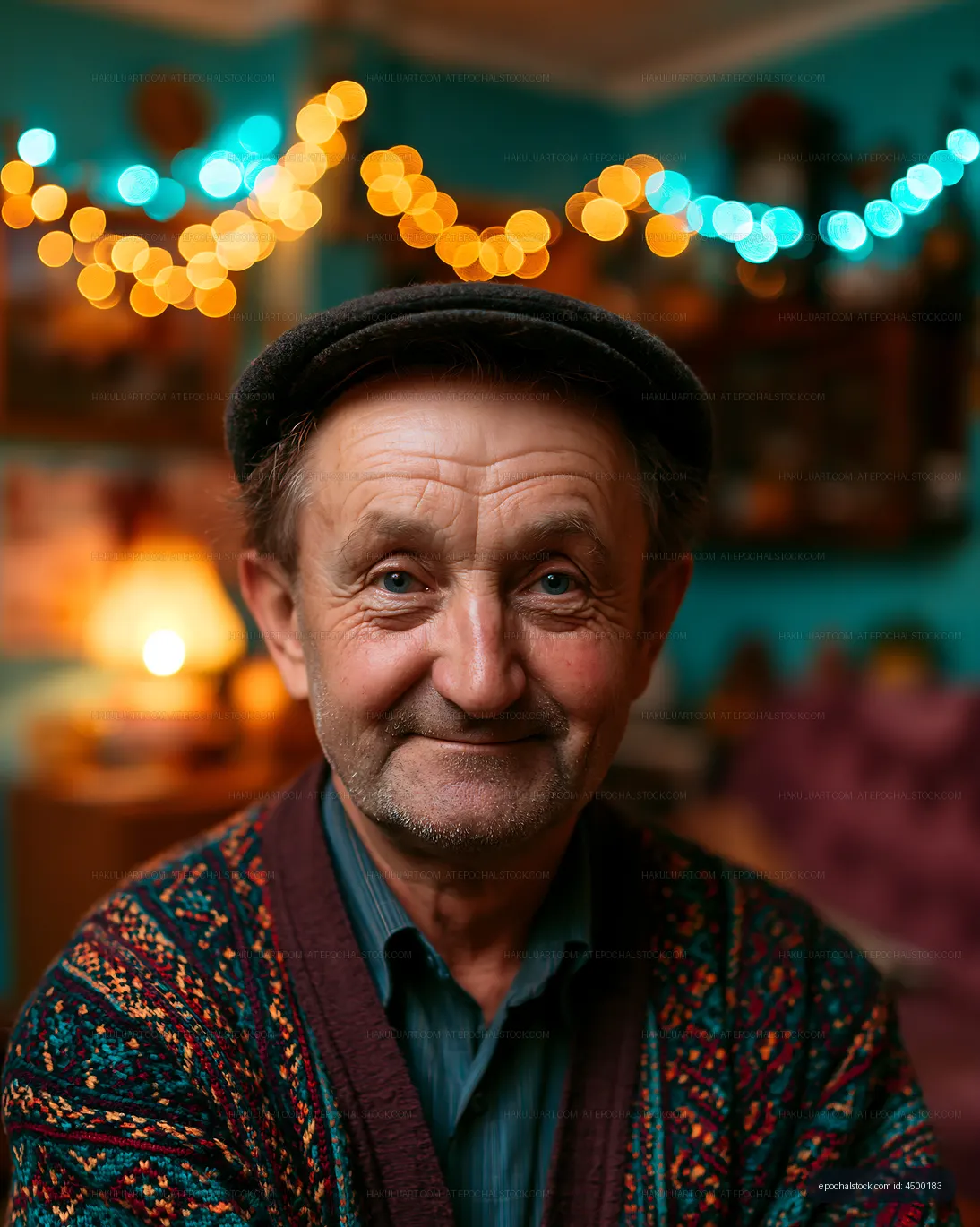 Smiling elderly man in a cozy home with colorful lights
