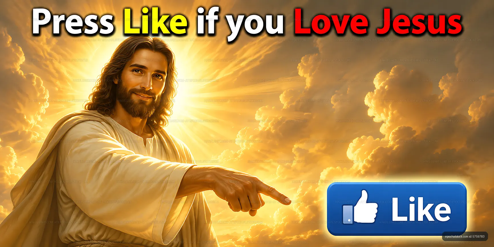 Jesus pointing with clouds in the background and a like button