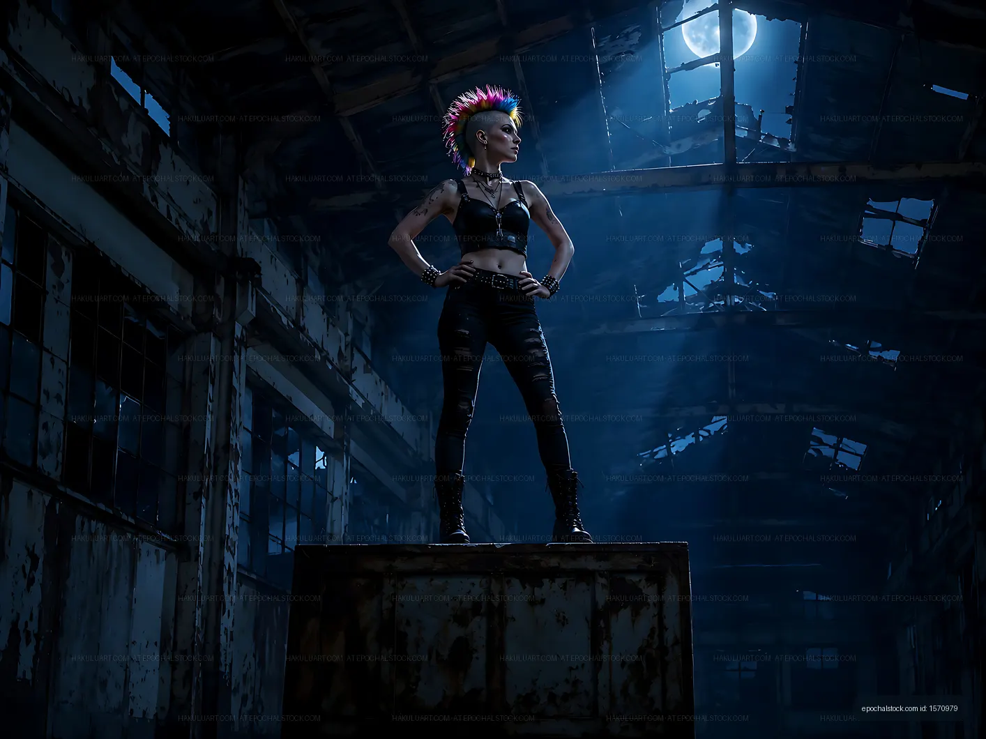 Model posing in an industrial building with dramatic lighting