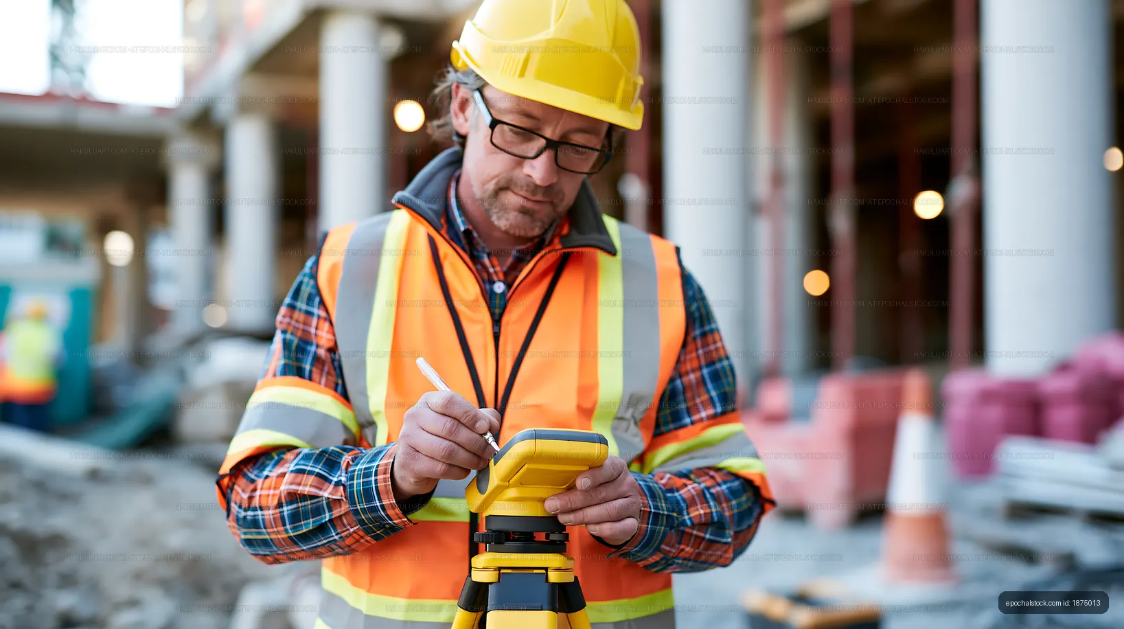 Construction worker using a surveying tool on a job site