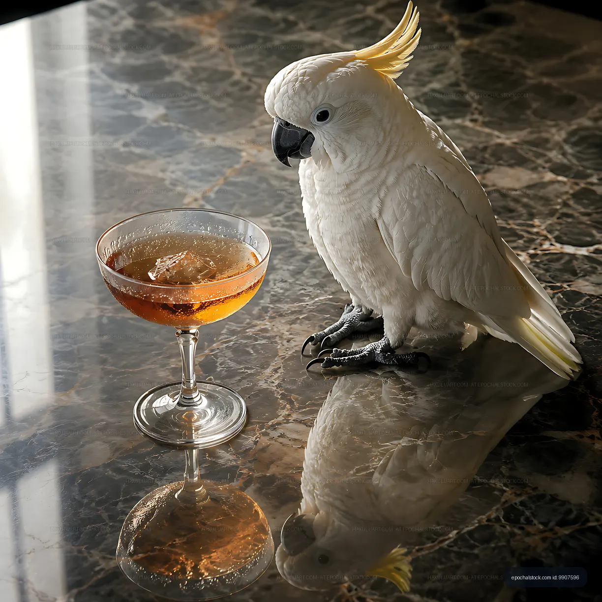 Cockatoo sitting next to a drink on a marble table