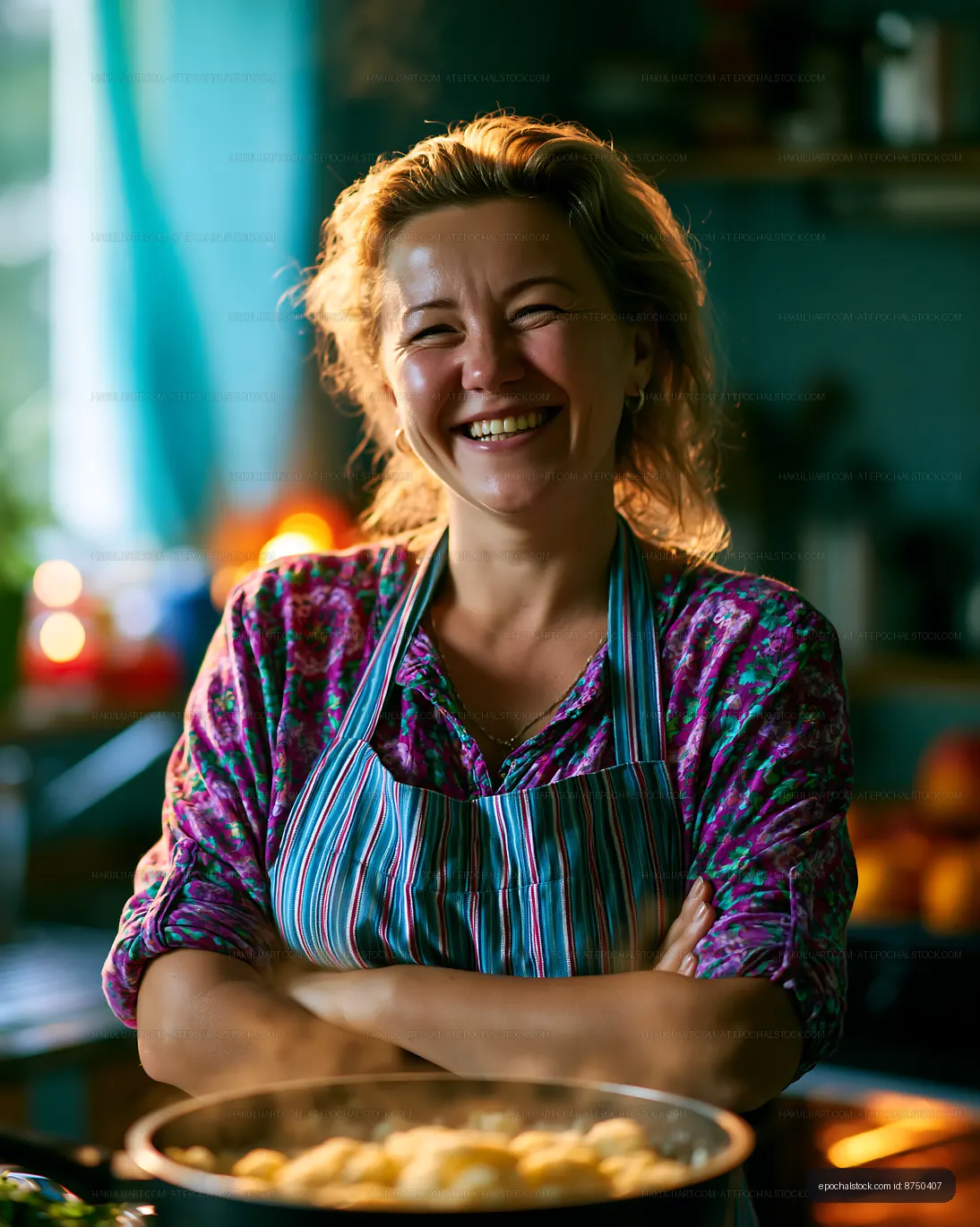 Woman smiling in kitchen while preparing food