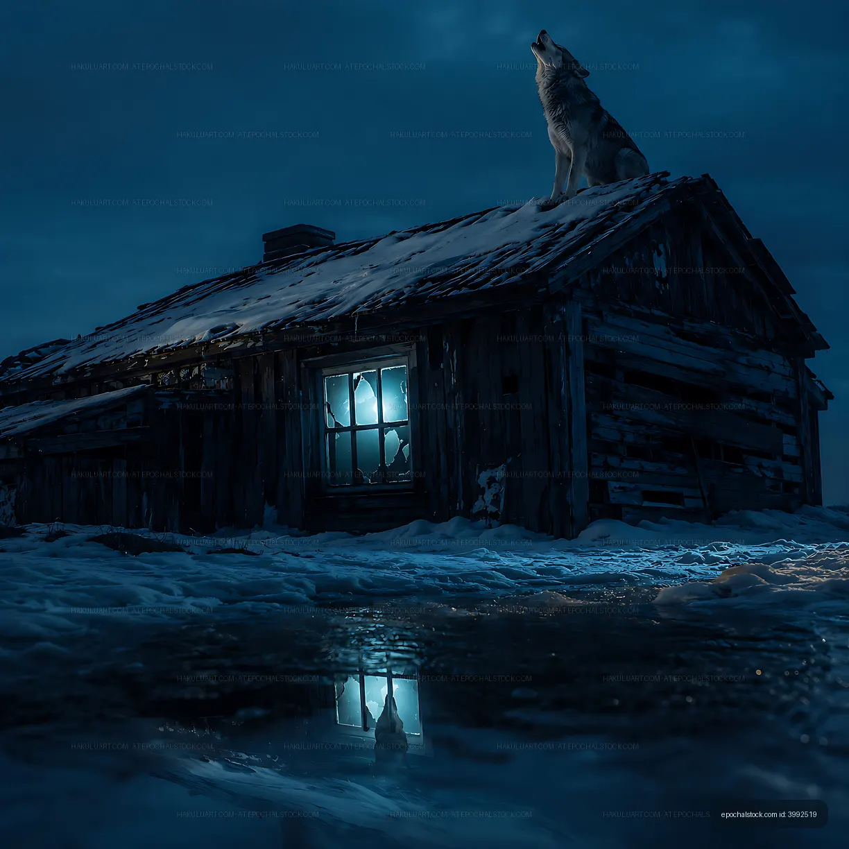 Wolf howls at night near an abandoned cabin in winter