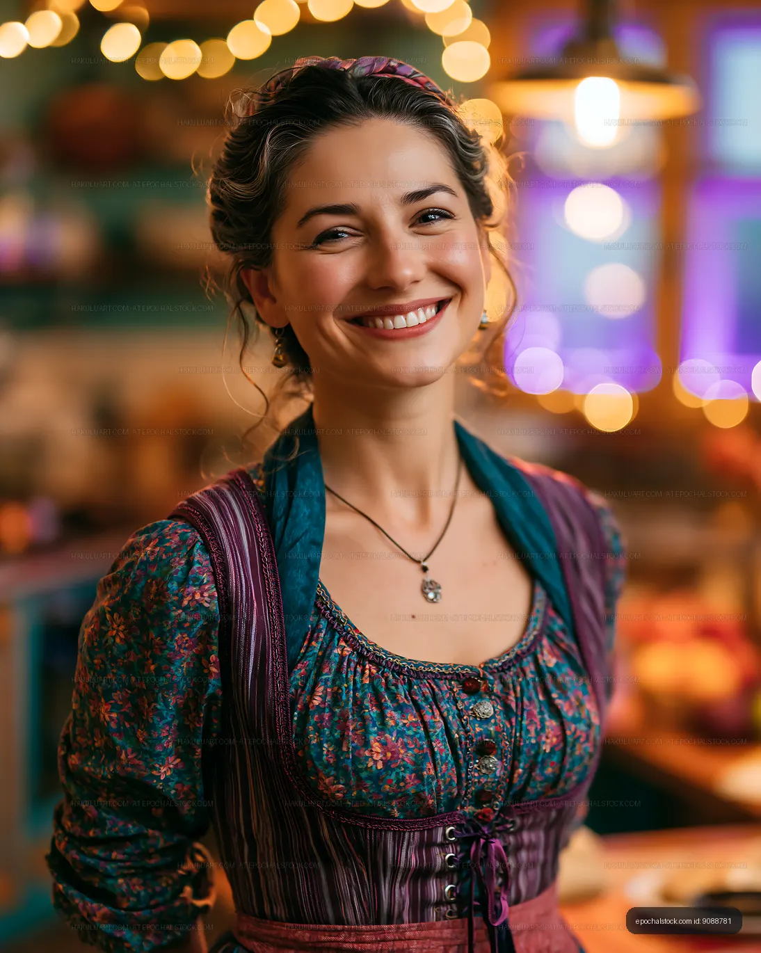 Woman in traditional attire smiling in a cozy kitchen setting