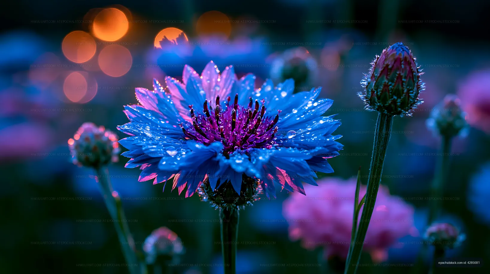 Blue flower with drops in garden at twilight