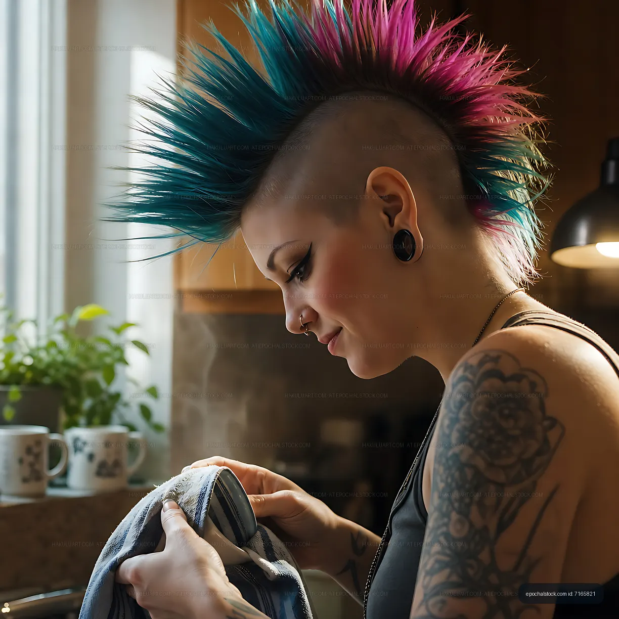 Woman with colorful mohawk washing dishes in a modern kitchen