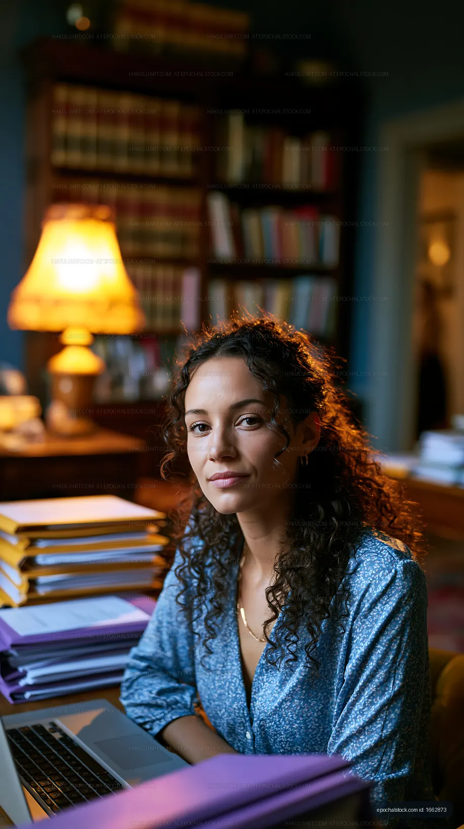 Young woman working at a desk in a library setting