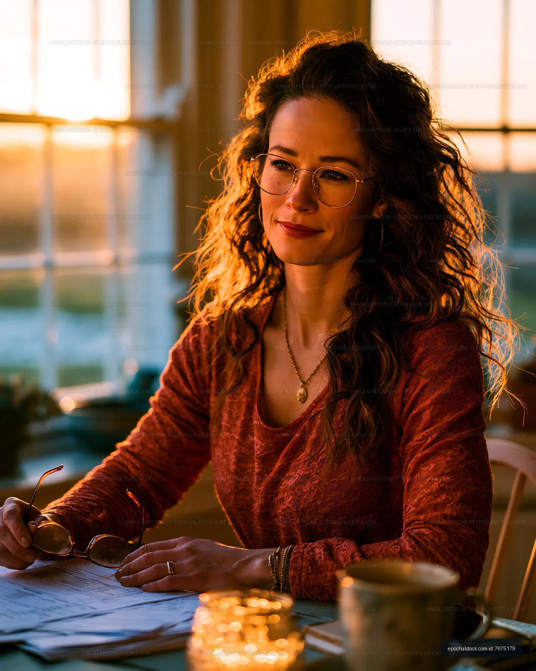 Woman sitting at a table during sunset looking thoughtful