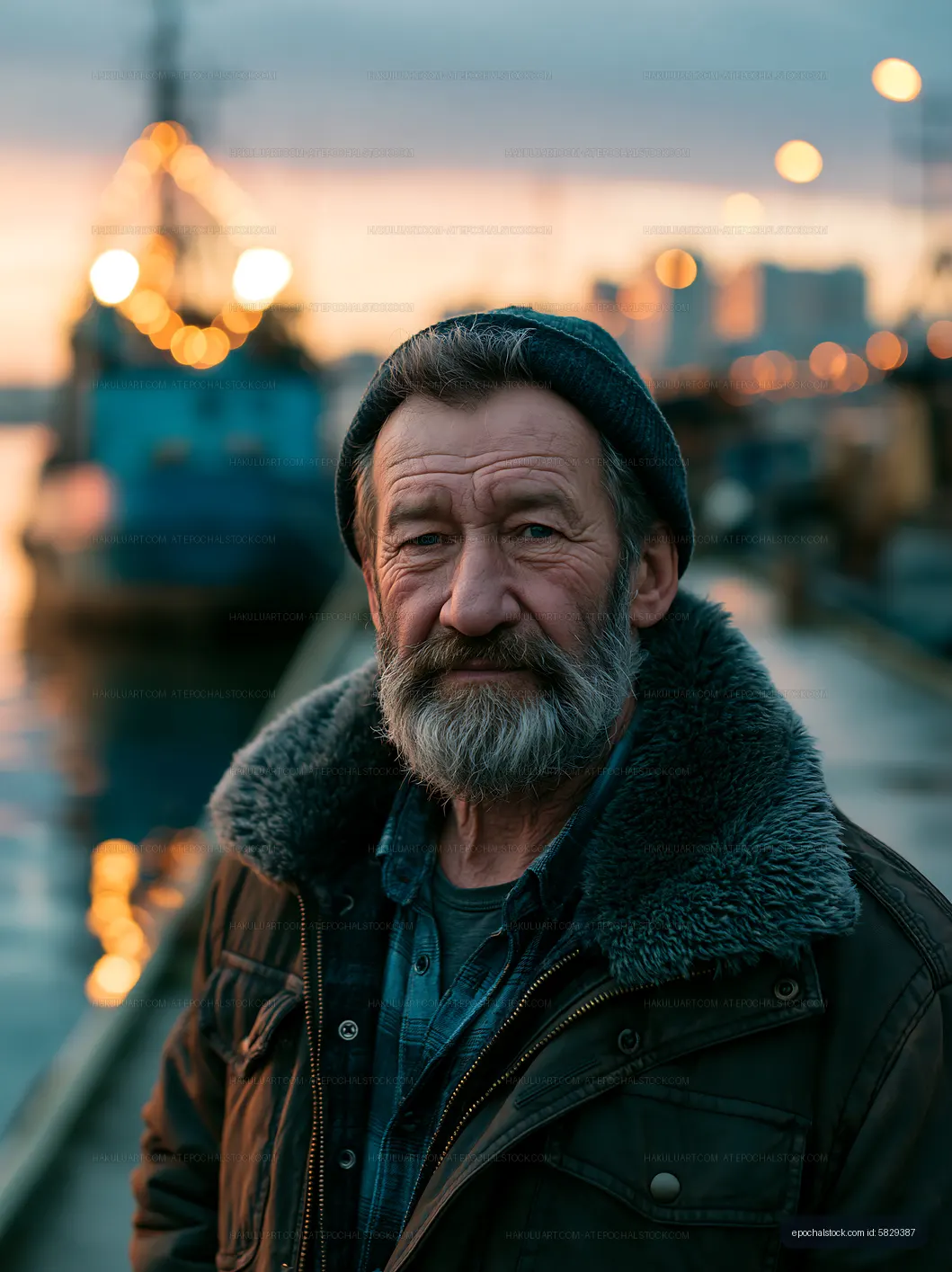 Man with beard and hat near boats at sunset