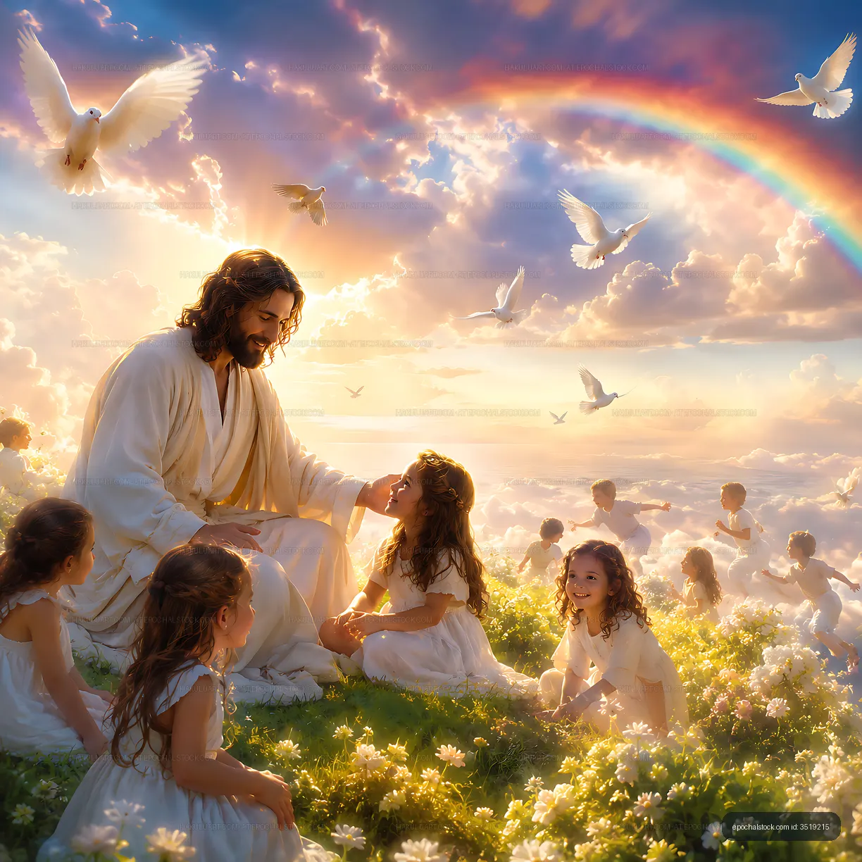 Jesus surrounded by children in a joyful scene