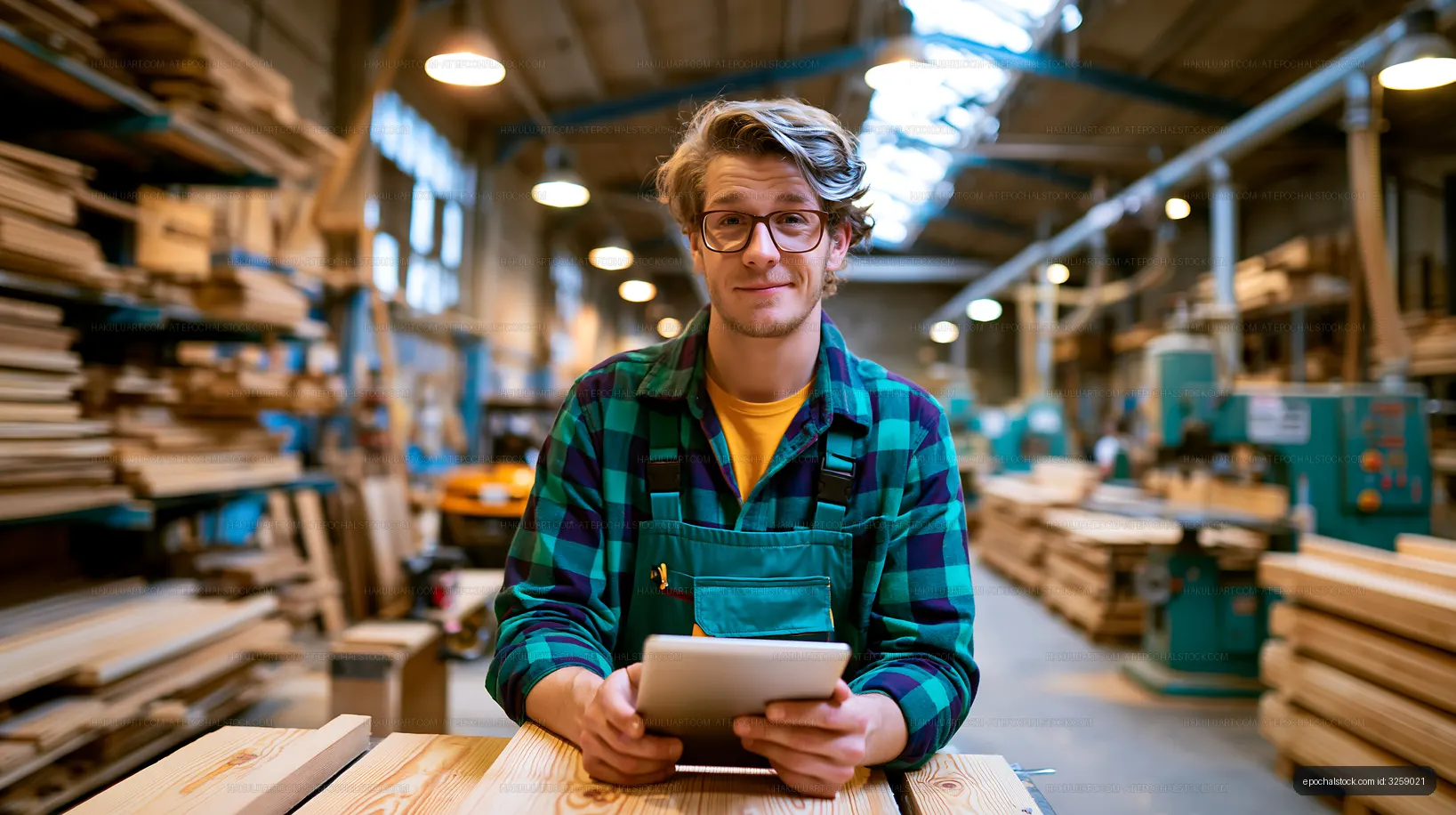 Young carpenter using tablet in woodshop with lumber around
