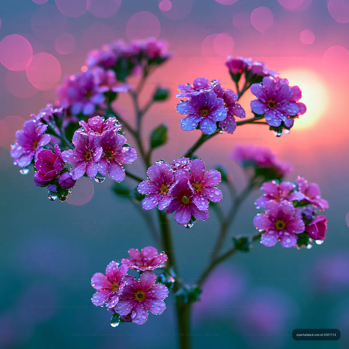 Flowers with drops of water at sunset