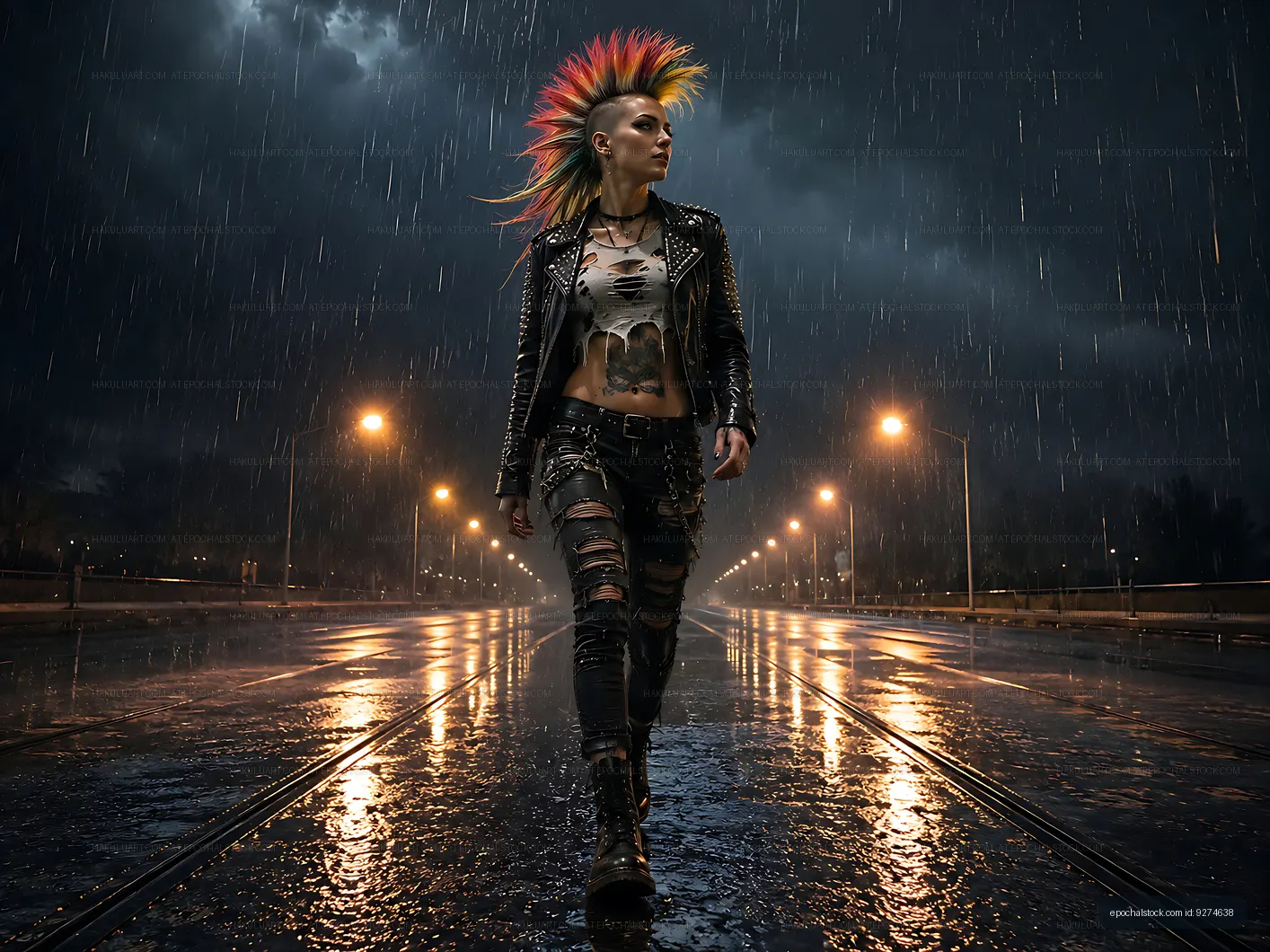 Woman with mohawk walking in the rain at night