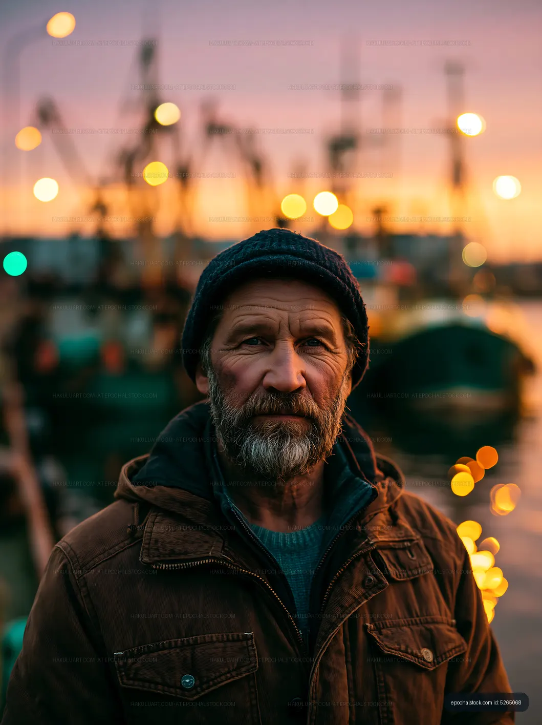 Man by the harbor at sunset, fishing boats behind
