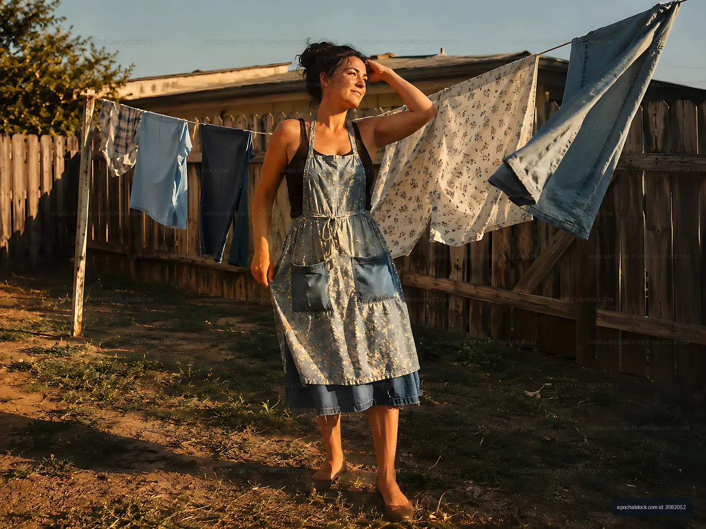 Woman drying clothes on a line during sunset in a rural area