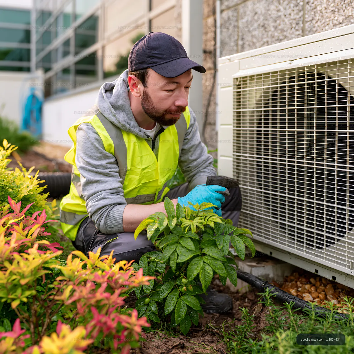 Worker maintaining outdoor air conditioning unit near plants