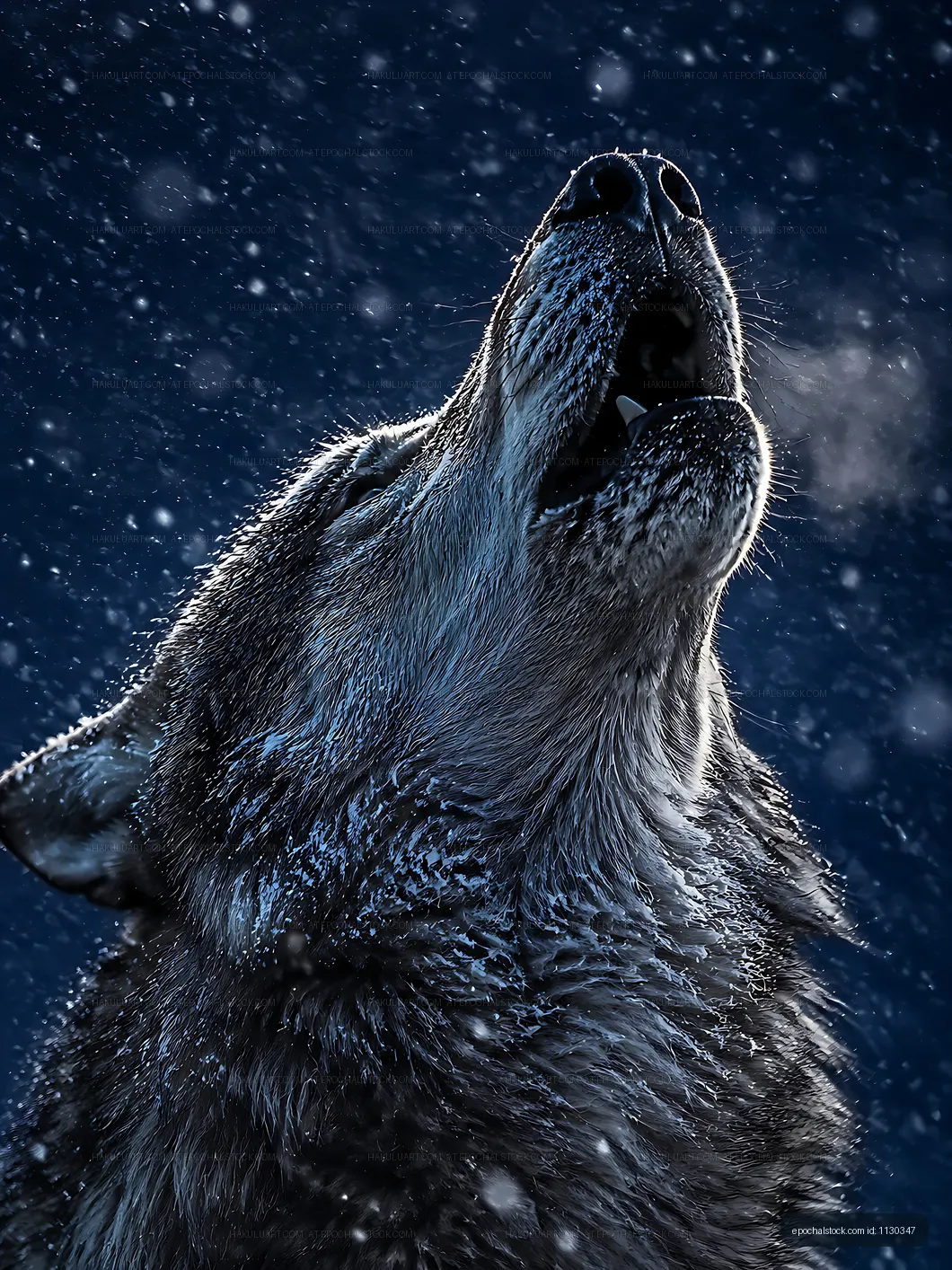 Wolf howls in snowy forest during evening light