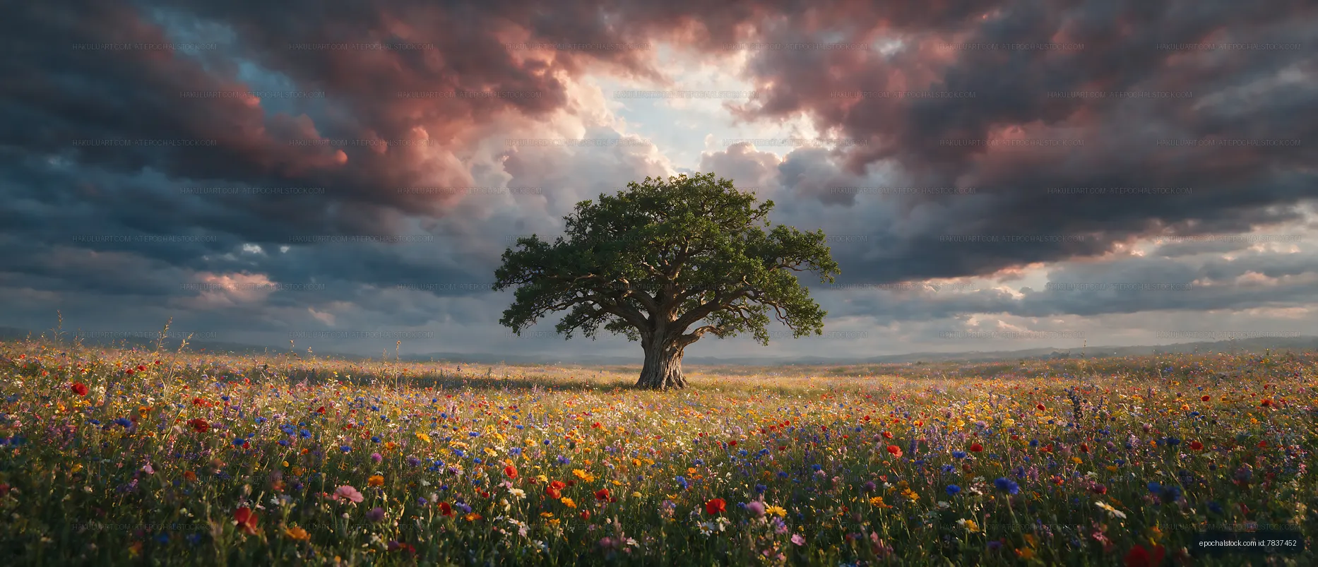 Lone tree in flower field under dramatic sky