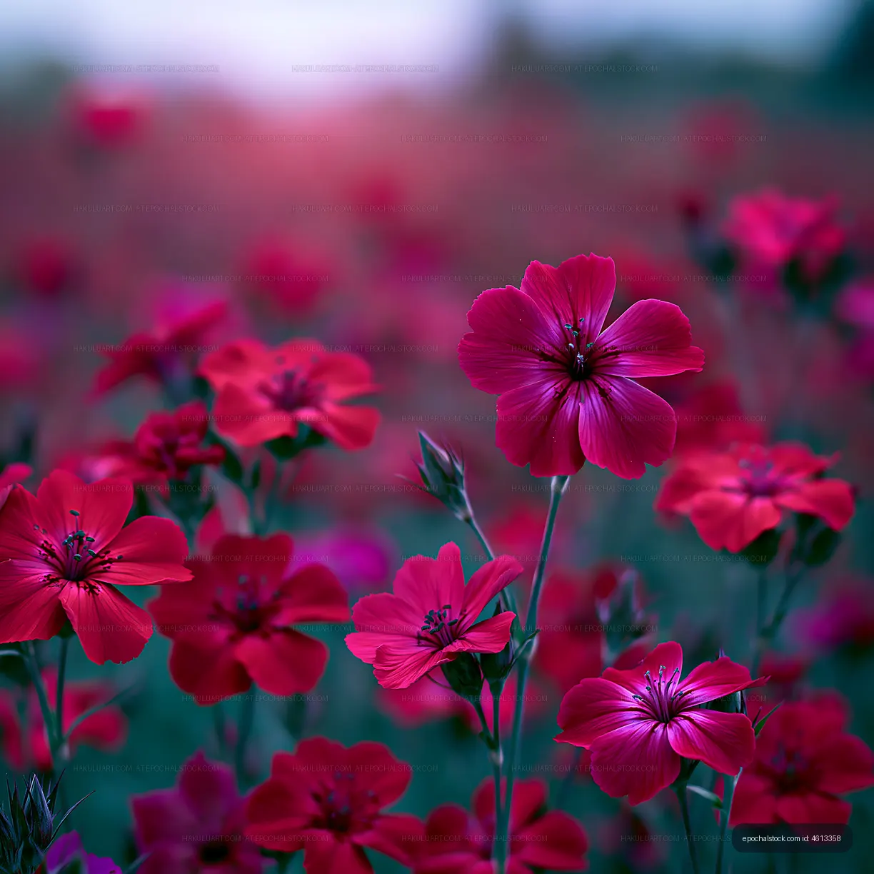 Vibrant red flowers blooming in a field during sunset