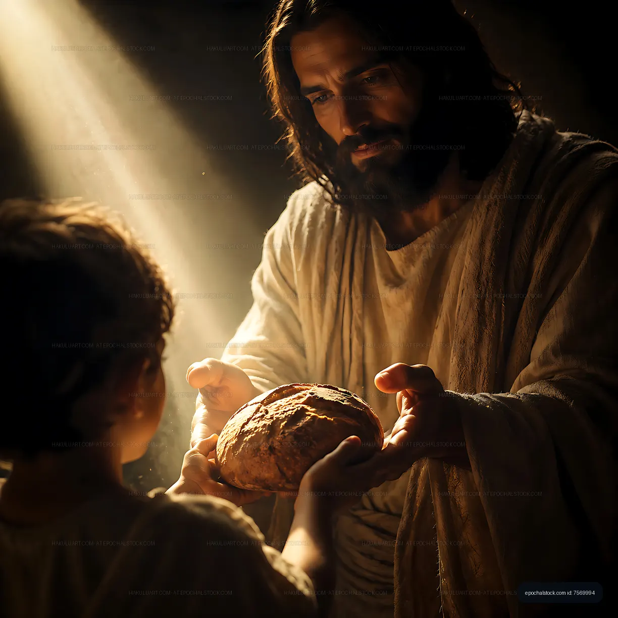 Man giving bread to a child in a warm light setting