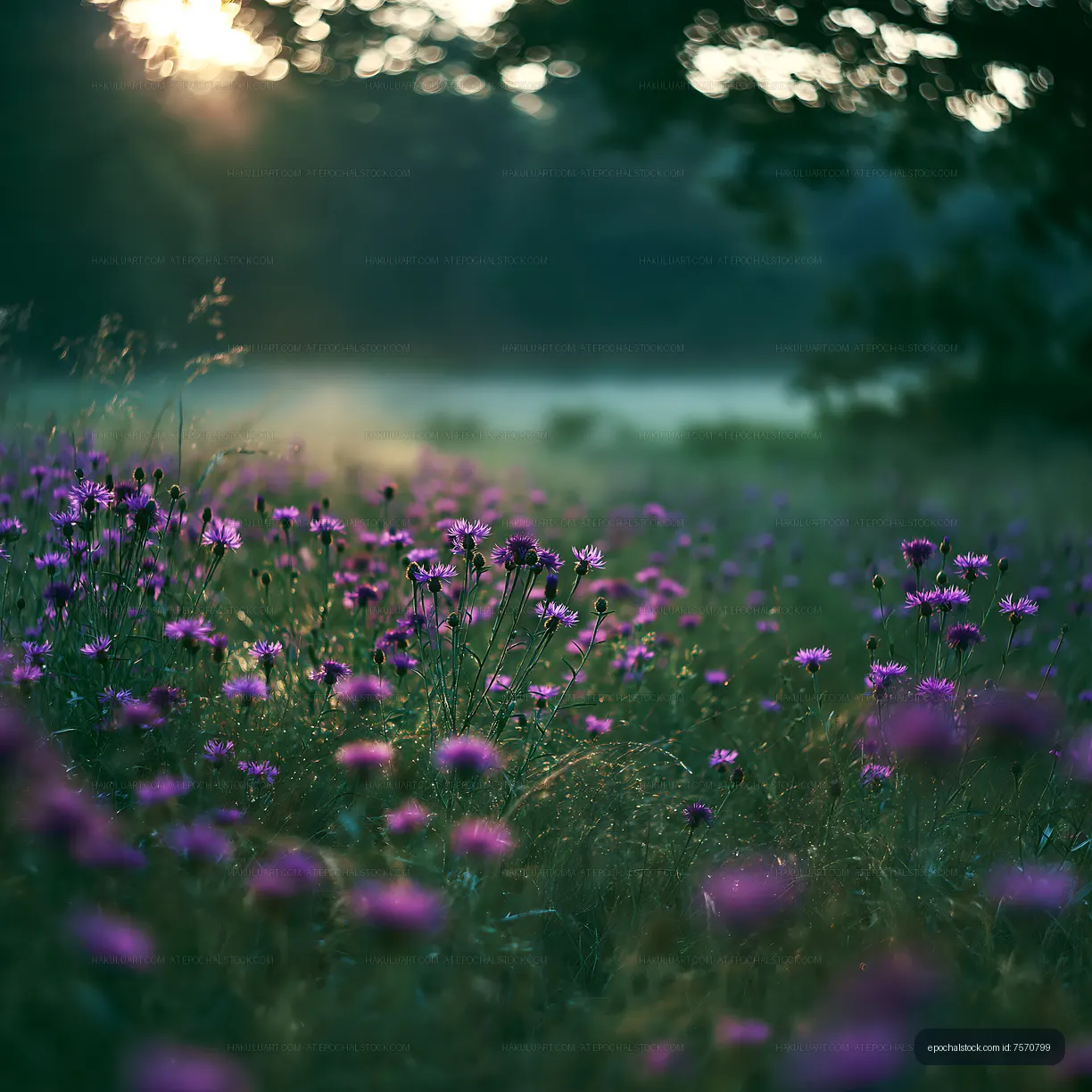 Morning sunlight over a field of purple flowers