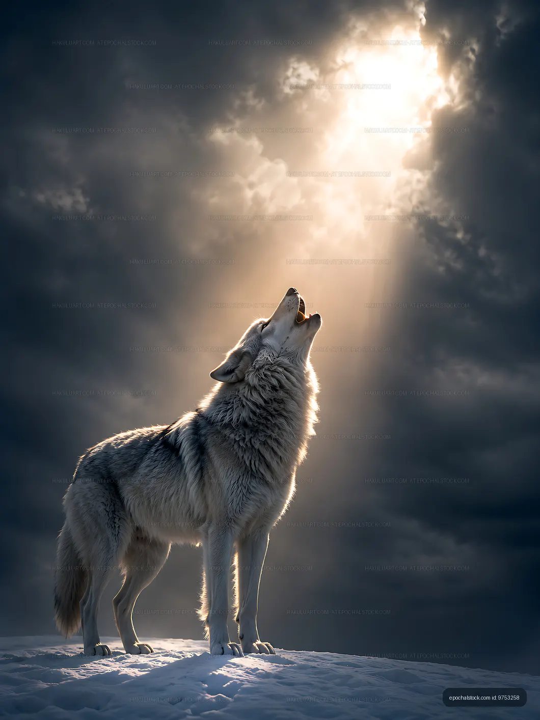 Wolf howling under bright light in a dark sky