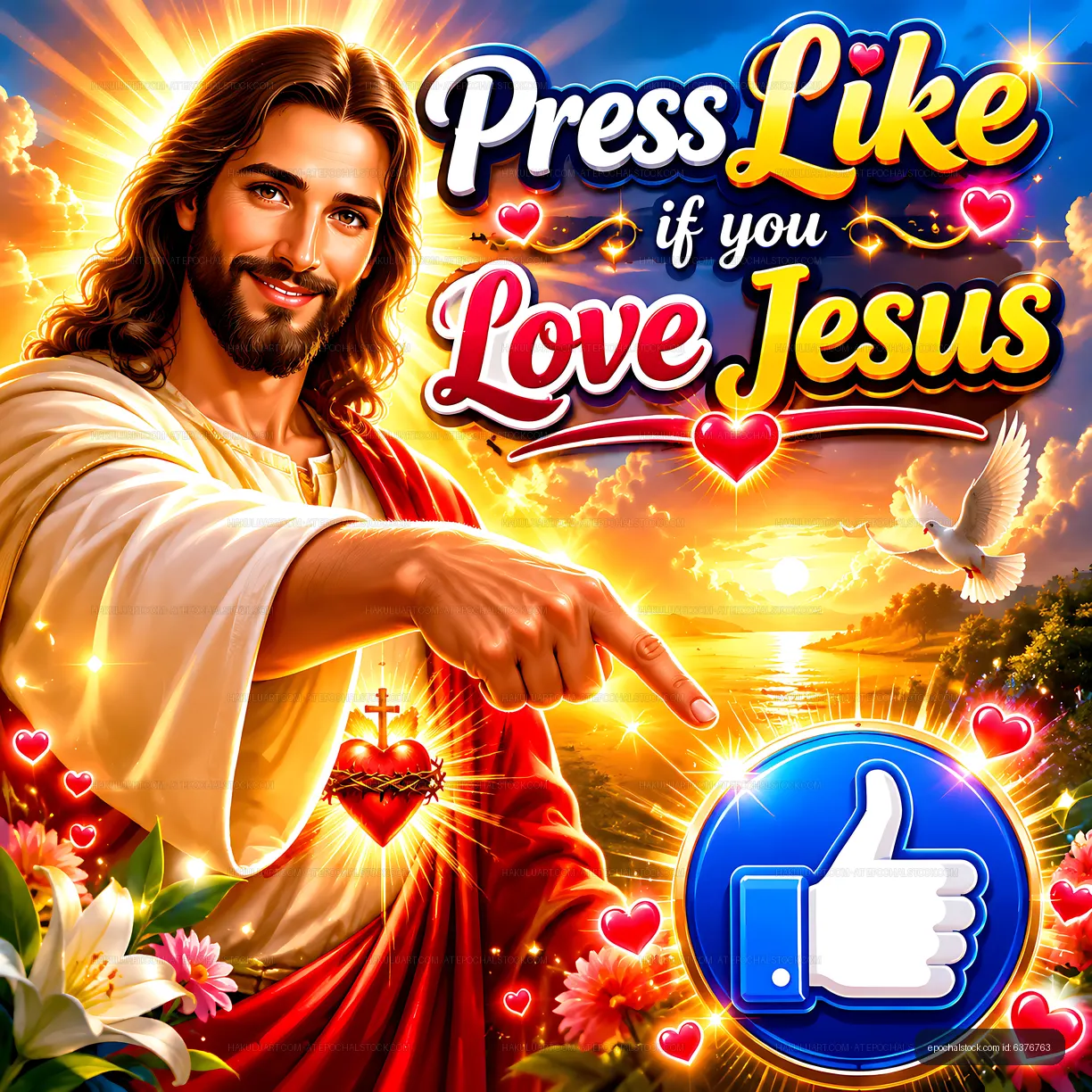 Jesus pointing towards like button with sunset background