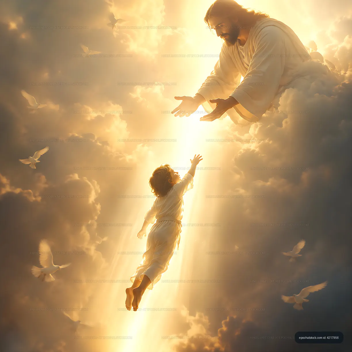 Child reaching out to a figure in clouds with light and doves
