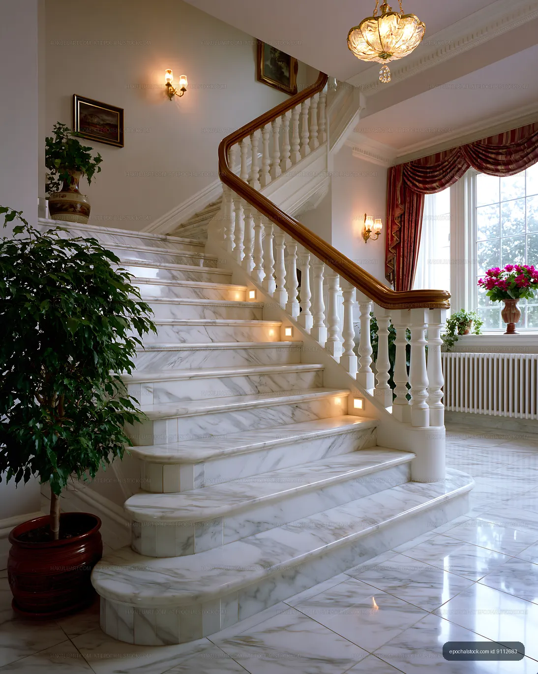 Elegant marble staircase in a well-lit home interior
