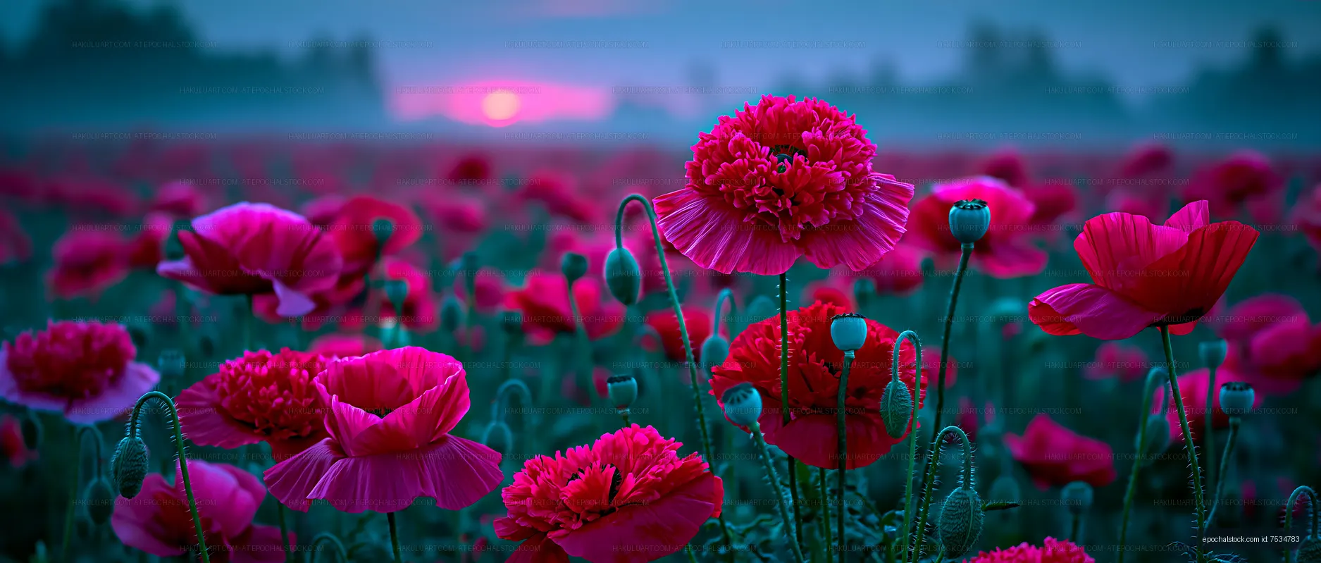 Vibrant poppy flowers bloom at dusk in a scenic field