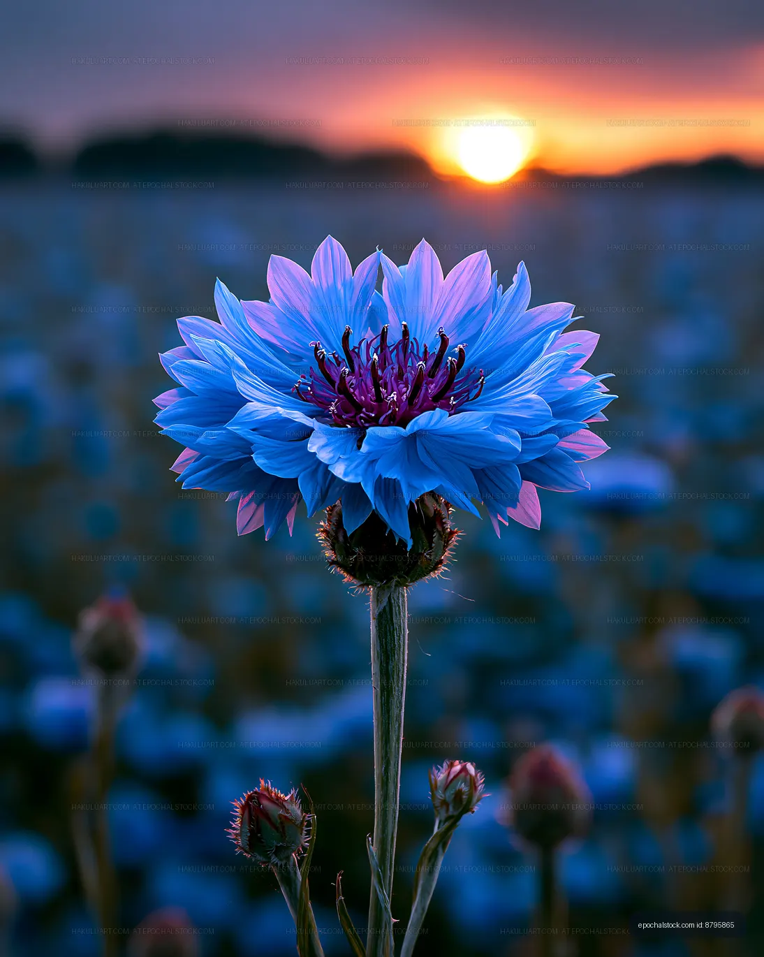 Bright blue flower standing tall at sunset