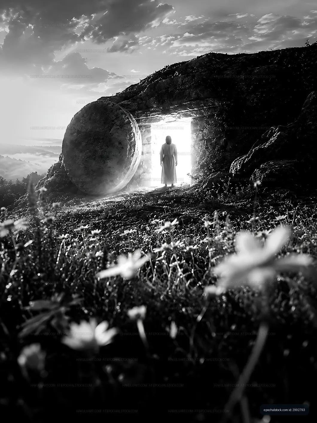 Person exiting cave at dawn with flowers in the foreground