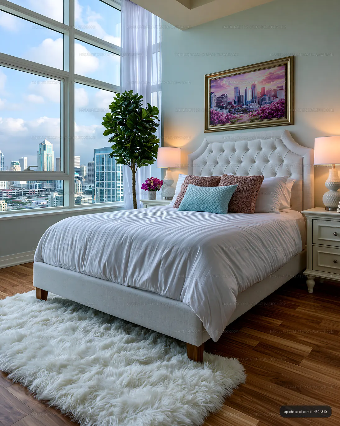 Modern bedroom with city view in high-rise apartment