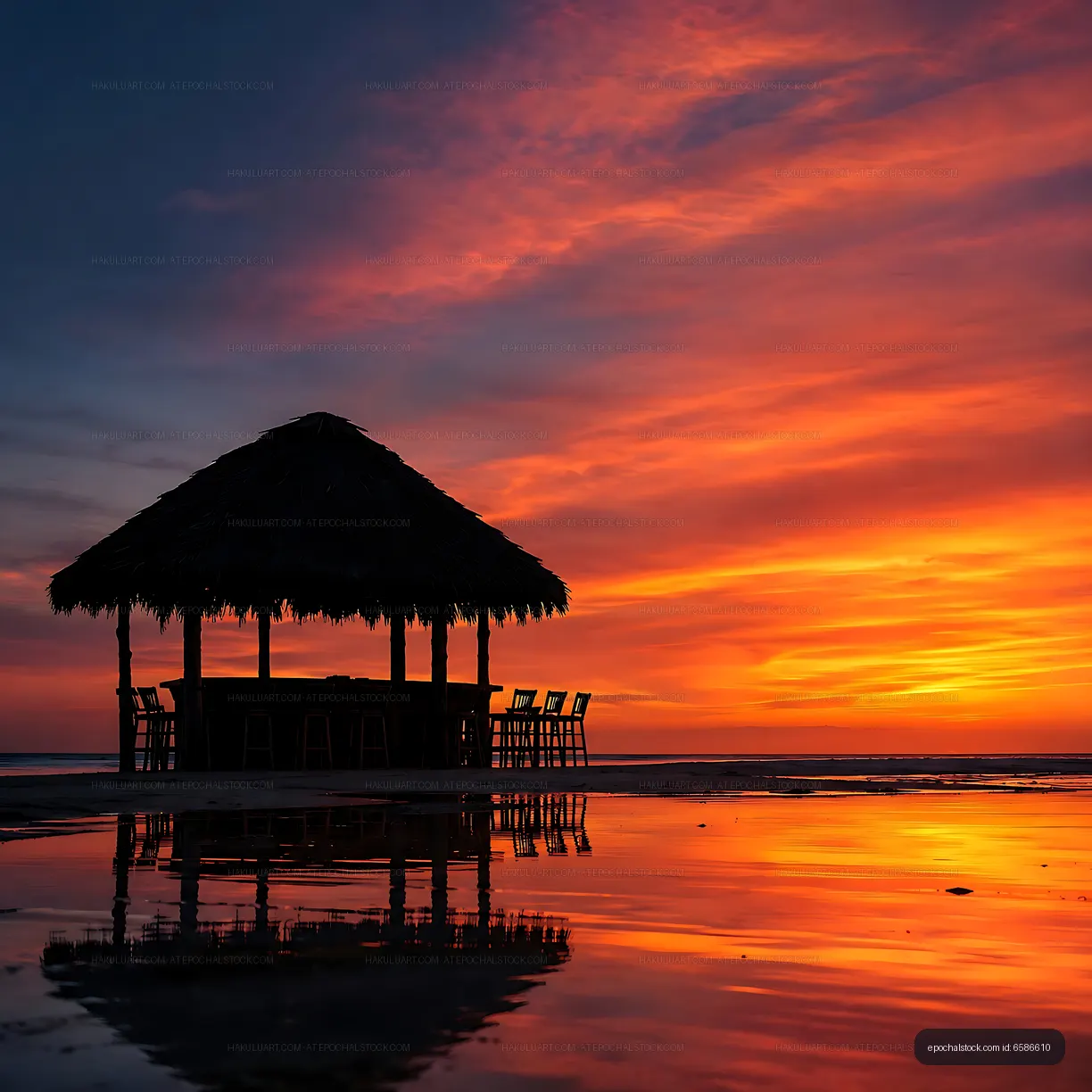 Sunset view of a beach hut silhouette with colorful sky